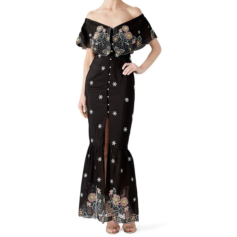Alice McCall Black Floral Embroidered Honeycomb Daisy Off Shoulder Dress Size 2